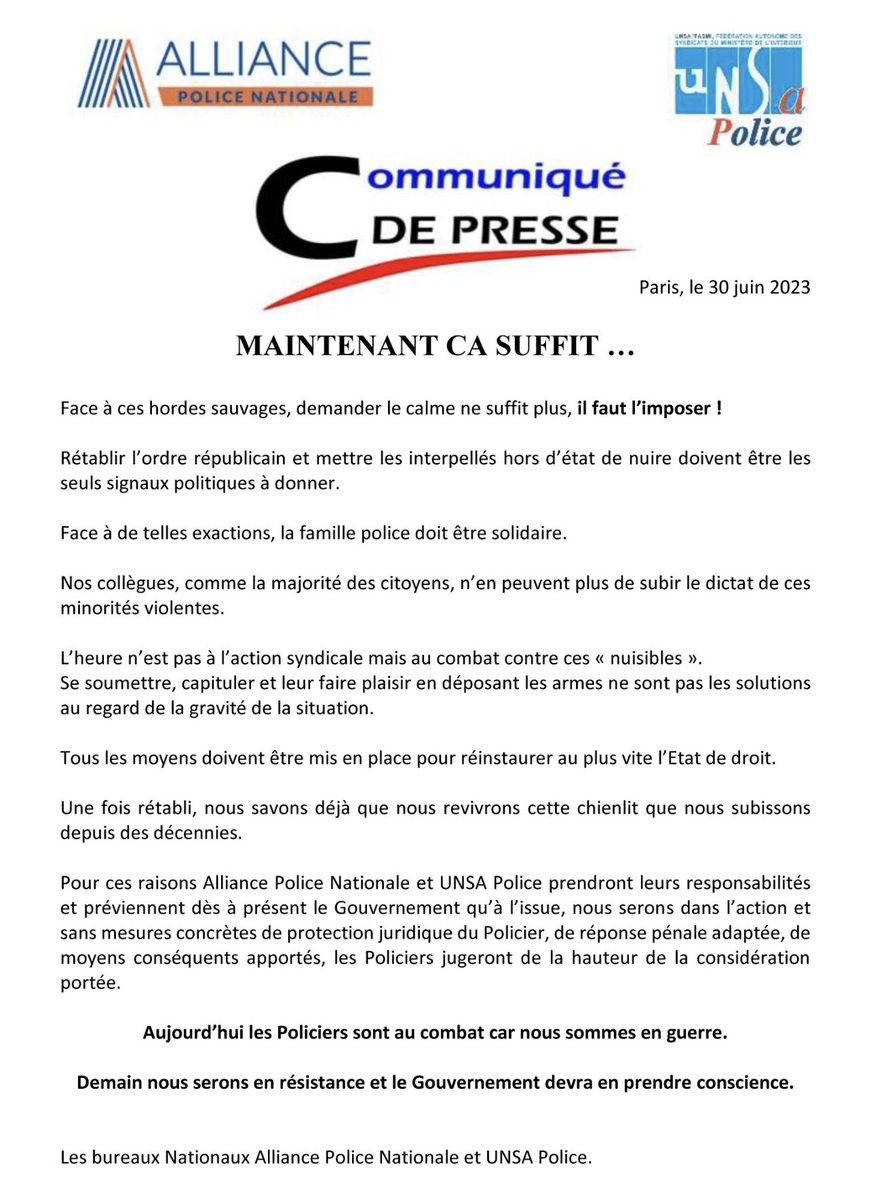 BilongoCarlos's tweet photo. Le communiqué des syndicats Alliance Police Nationale et UNSA Police est un appel à la guerre civile !

À quand une véritable police républicaine dans notre pays.

Il faut réformer la police de la cave jusqu’au grenier https://t.co/UQnZw2o5MV