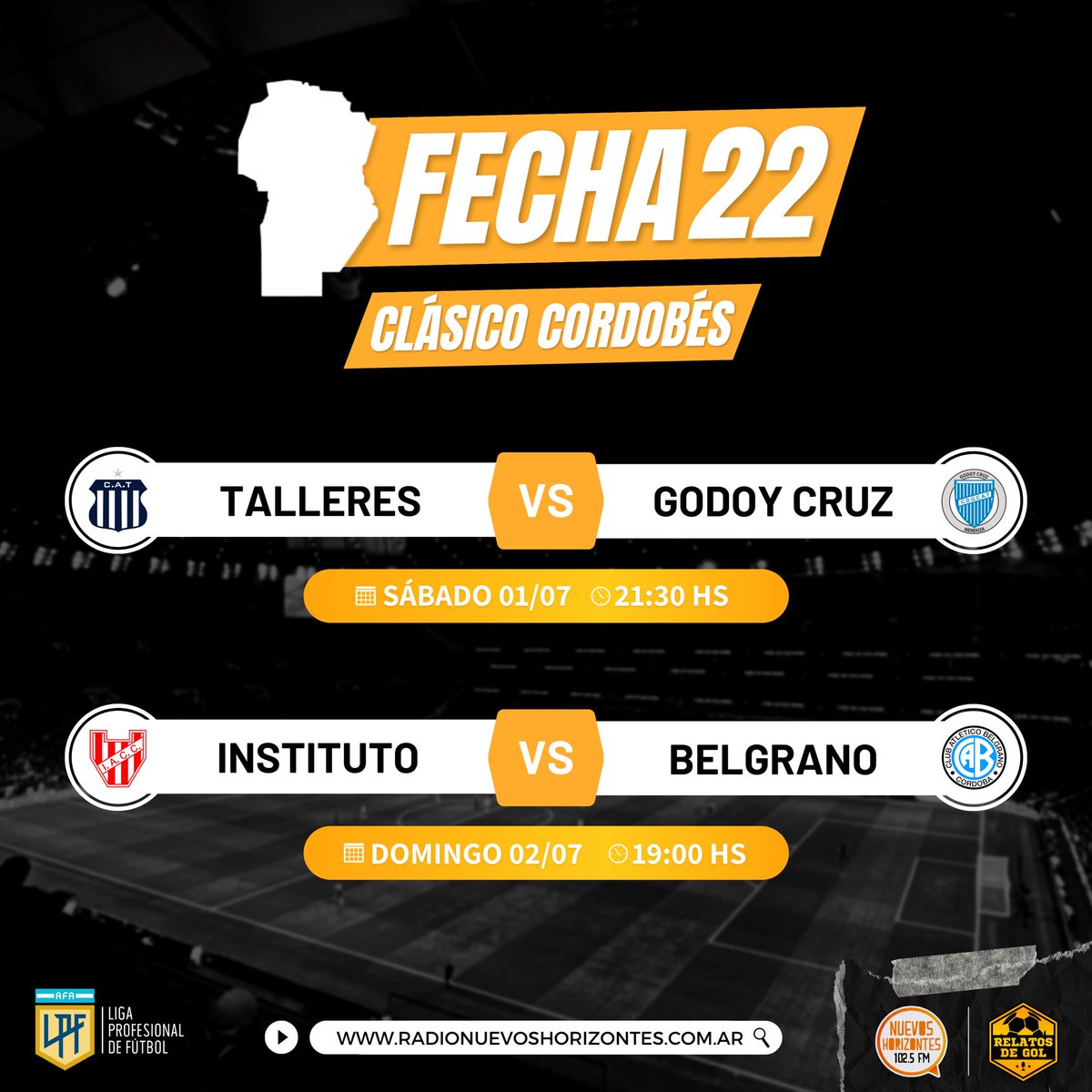 nhorizontes1025's tweet photo. 🎙️ FECHA 22 #LPF #TORNEOBINANCE  AL FÚTBOL DE CÓRDOBA LO VIVIRÁS EN LA 102.5 FM 📻 NUEVOS HORIZONTES y todo el Equipo de #RelatosDeGol ⚽  
Por 102.5 FM 📻 y https://t.co/uquROeT4QF https://t.co/vqmmxwjALM