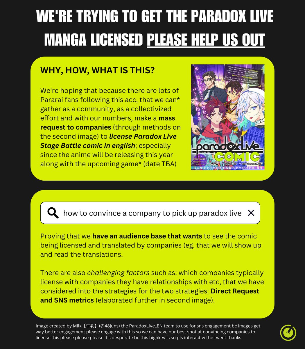 paradoxlive_EN's tweet image. We're trying to get PARADOX LIVE STAGE BATTLE "COMIC" licensed (and officially translated to english) and we need your help fellow pararai fans!!

More info in images and links are in the thread below

Please RT + Like to boost this since we'll need all the help we can get 🙏😭