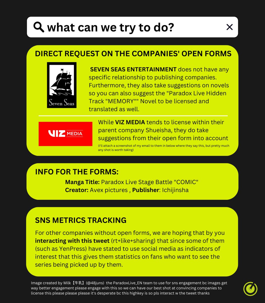 paradoxlive_EN's tweet image. We're trying to get PARADOX LIVE STAGE BATTLE "COMIC" licensed (and officially translated to english) and we need your help fellow pararai fans!!

More info in images and links are in the thread below

Please RT + Like to boost this since we'll need all the help we can get 🙏😭