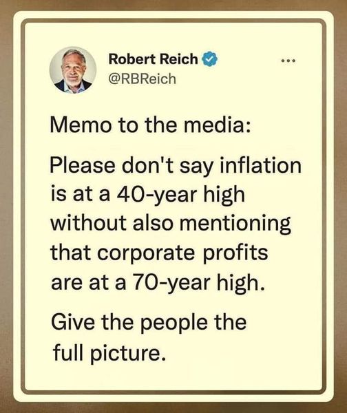Inflation is at a 40 year high BECAUSE profits are at a 70 year high.