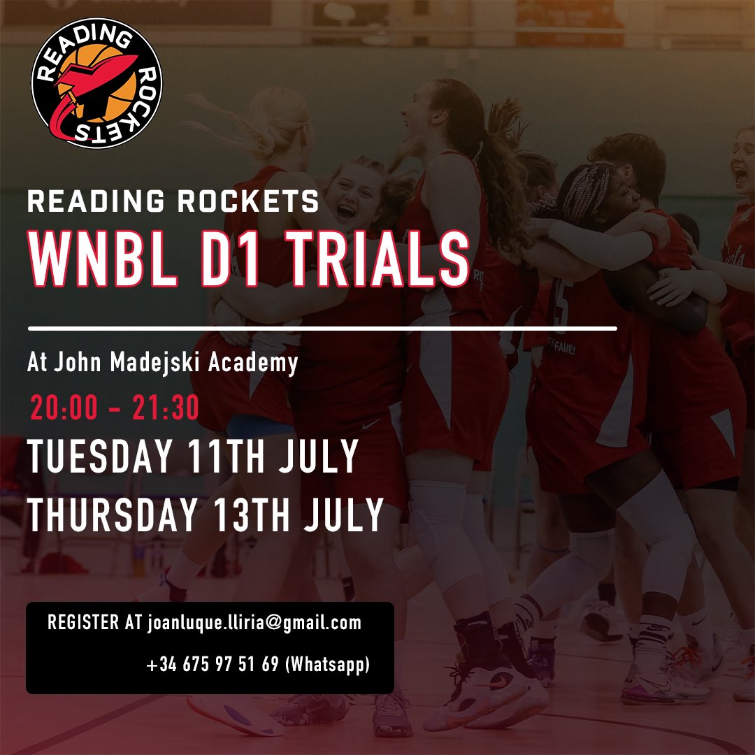 rocketsreading's tweet photo. WNBL Division 1 Trials 

Register at joanluque.lliria@gmail.com / +34 675 97 51 69 (WhatsApp) 

🗓️ Tuesday 11th, Thursday 13th July
📌 John Madejski Academy 
⏱️ 20:00-21:30 

#RocketsAreGo #BritishBasketball https://t.co/EmIul053hi