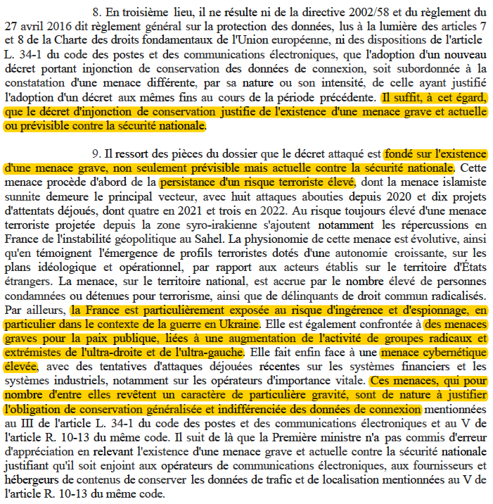 Surveillance numérique de masse : Le <a href="/Conseil_Etat/">Conseil d'État</a> rejette le recours contre le décret qui enjoint à une conservation généralisée &amp; indifférenciée des données pendant un an.

Et ce, au nom d'une "menace grave &amp; actuelle contre la sécurité nationale"

[CE, 30 juin 2023, n°469.712]