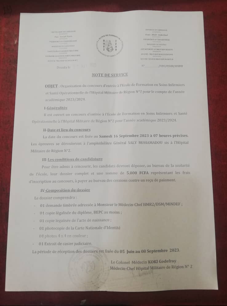 BerthierAce's tweet photo. #ChezMoiAuCmr
L'hôpital militaire de Douala lance un concours de formation du personnel médical en soins infirmiers 👍🏽 https://t.co/wGu6m8hl2M