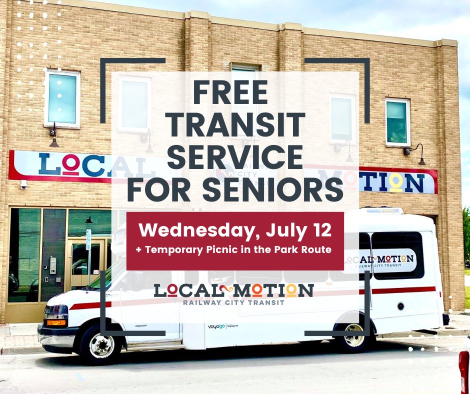REMINDER - Free Transit for Seniors Tomorrow #transittuesday The City is offering free transit to seniors tomorrow and will also create a temporary route to the Dance Pavilion at Pinafore Park so that seniors enjoying Seniors Day Picnic In The Park. #therailwaycity #localmotion