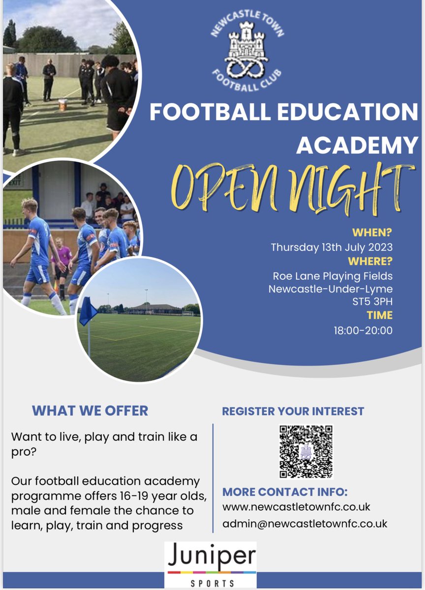 🔵⚪️ | Newcastle Town FC Football and Education Academy are delighted to announce the following open evening for boys and girls currently in year 11 or 12 who are interested in joining the programme for the 2023/24 season.