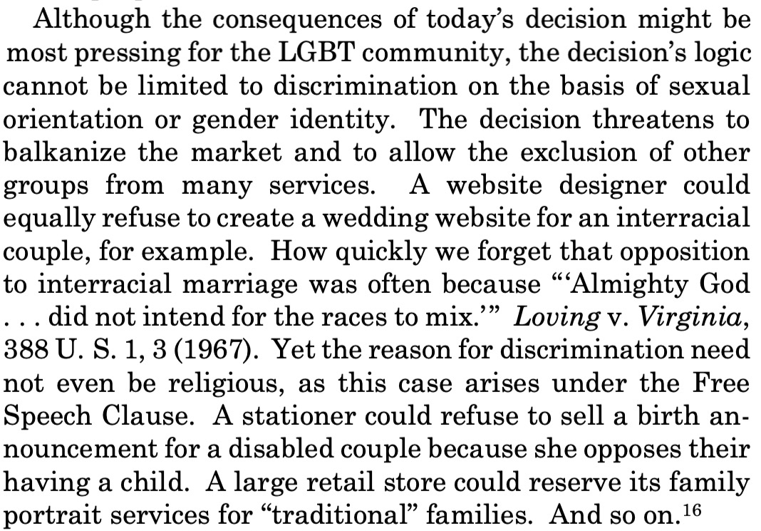 keithboykin's tweet photo. Justice Sotomayor, dissenting, in the Supreme Court's 303 Creative case, warns that the effect of today's decision is not limited to LGBT couples and could also be extended to discriminate against interracial couples, disabled couples and others.

https://t.co/t2vPdcGweG https://t.co/MkRUPeEfiA