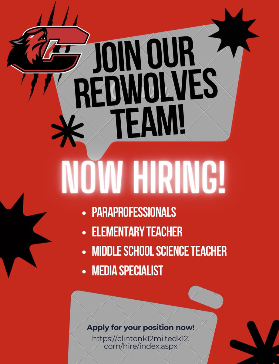 Clinton High School (@chs_leadstheway) on Twitter photo Apply today and join the best team around!! <a href="/massp/">Michigan Principals</a> <a href="/MEMSPA/">MEMSPA</a> <a href="/CMSredwolves/">Clinton Middle School</a> Apply today and join the best team around!! <a href="/massp/">Michigan Principals</a> <a href="/MEMSPA/">MEMSPA</a> <a href="/CMSredwolves/">Clinton Middle School</a>