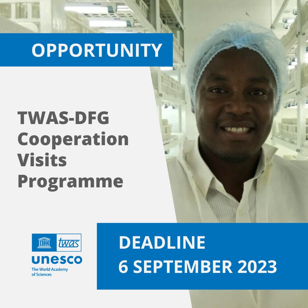 TWAS - The World Academy of Sciences (@twasnews) on Twitter photo REMINDER: Postdocs from sub-Saharan Africa can accelerate their scientific careers with a 3-month visit to a German institute.
Learn more about our cooperation visits programme with <a href="/dfg_public/">DFG public | @dfg_public@wisskomm.social</a>: twas.org/opportunity/tw… REMINDER: Postdocs from sub-Saharan Africa can accelerate their scientific careers with a 3-month visit to a German institute.
Learn more about our cooperation visits programme with <a href="/dfg_public/">DFG public | @dfg_public@wisskomm.social</a>: twas.org/opportunity/tw…