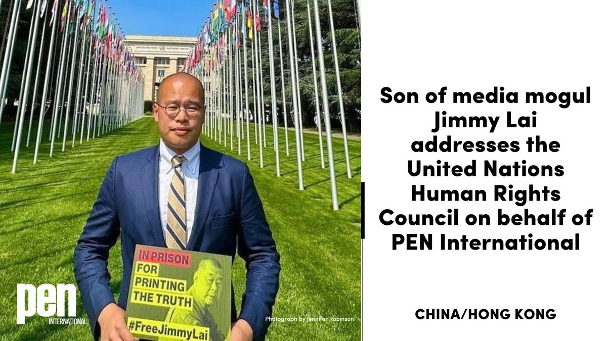 On the 3rd anniversary of the National Security Law (NSL) which has had a devastating effect on free expression in #HongKong, the son of imprisoned writer/activist, #JimmyLai (facing a life sentence under the law) addressed the @UN_HRC on our behalf, calling for his release:…