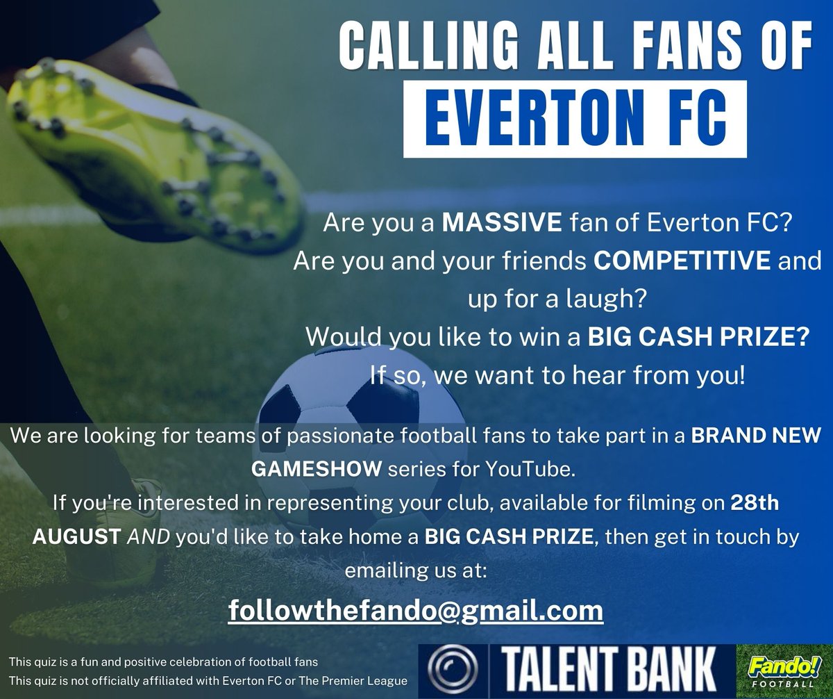 joeytvcasting's tweet photo. Are you a massive fan of #Everton FC?

SHARE, TAG and APPLY NOW if you and your mates have what it takes to claim bragging rights against LIVERPOOL fans and win a BIG CASH PRIZE!

APPLY HERE 👉 https://t.co/vdEAX6ygN6

EMAIL ✉️ joey@thetalentbank.uk https://t.co/jD7iGLnpUe