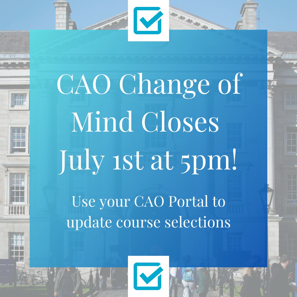 Final Reminder! 

CAO Change of Mind closes TOMORROW! Be sure to update your course selections on your CAO Portal 

#ThinkTrinity