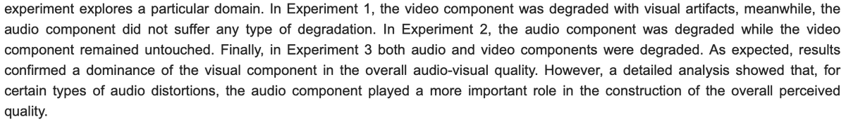 soopsaudio's tweet photo. Humans are very visual so we think that good video is more important than good audio, but studies show it's not always true.

'analysis showed that, for certain types of audio distortions, the audio component played a more important role in the overall perceived quality' https://t.co/oP74qrd1Xb