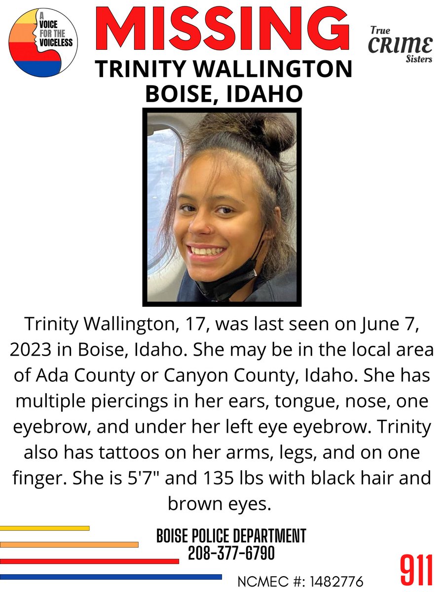PLEASE‼️It only takes one second to share this #MissingPerson
NCMEC #: 1482776
#TrinityWallington, 17, was last seen on June 7, 2023 in #Boise, #Idaho. She may be in the local area of #AdaCounty or #CanyonCounty, Idaho.
