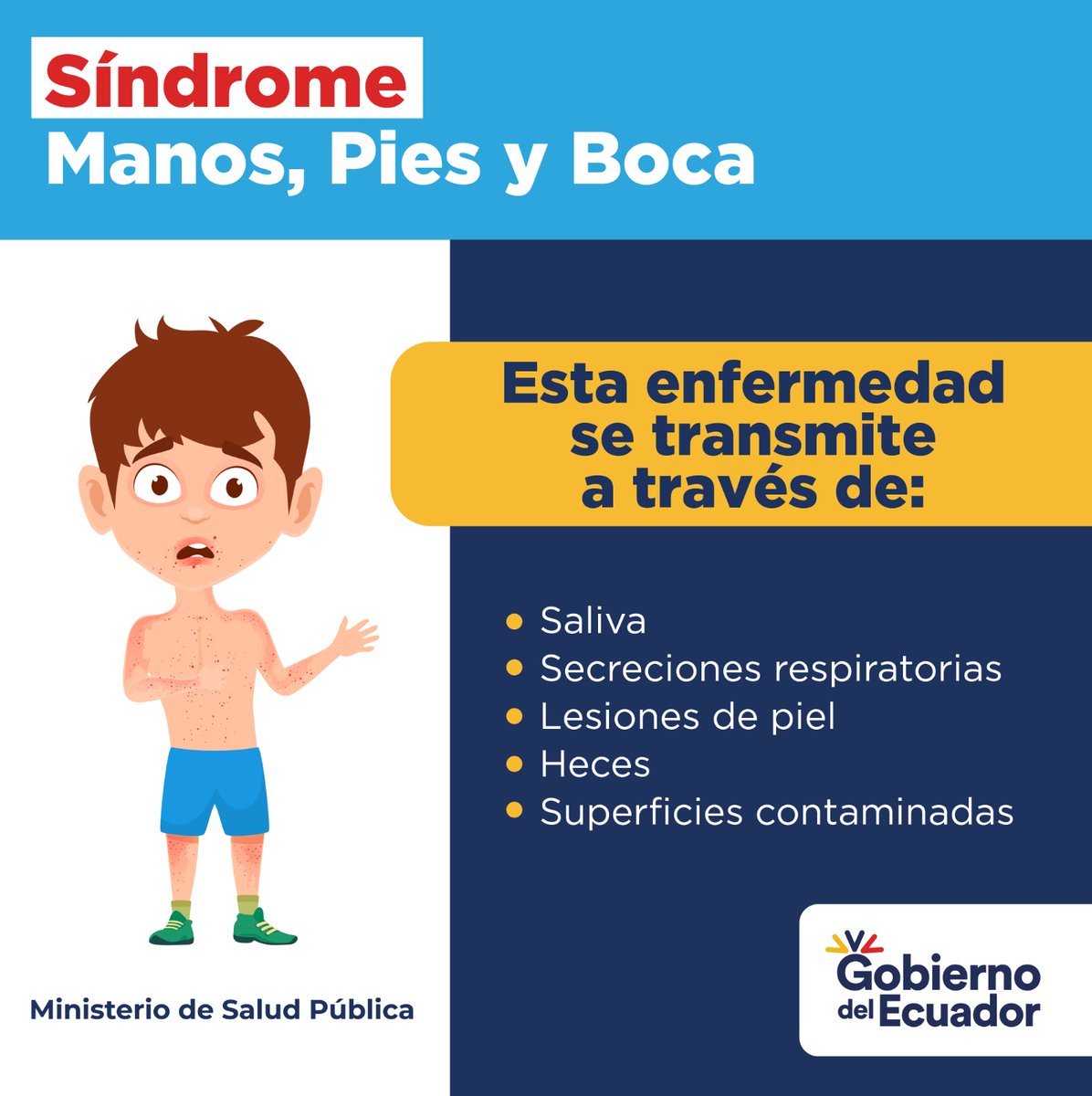 DPS_LosRios's tweet photo. El Síndrome de manos, pies y boca incluye síntomas como fiebre, llagas en boca y sarpullido en piel.

El sarpullido comúnmente se encuentra en 🤚🏾🦶🏻 👄 .

📌 Es frecuente en bebés y niños menores de 5 años.

Ante cualquier síntoma acude al centro de salud.

#NuestroTrabajoContinúa https://t.co/u9vN3V2dGD