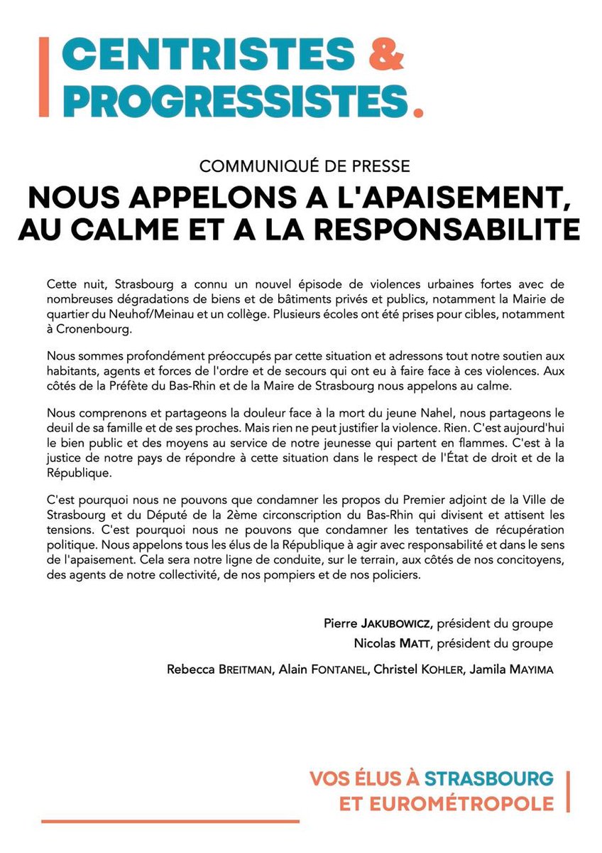 Violences à #Strasbourg : nous appelons à l’apaisement, au calme et à la responsabilité.