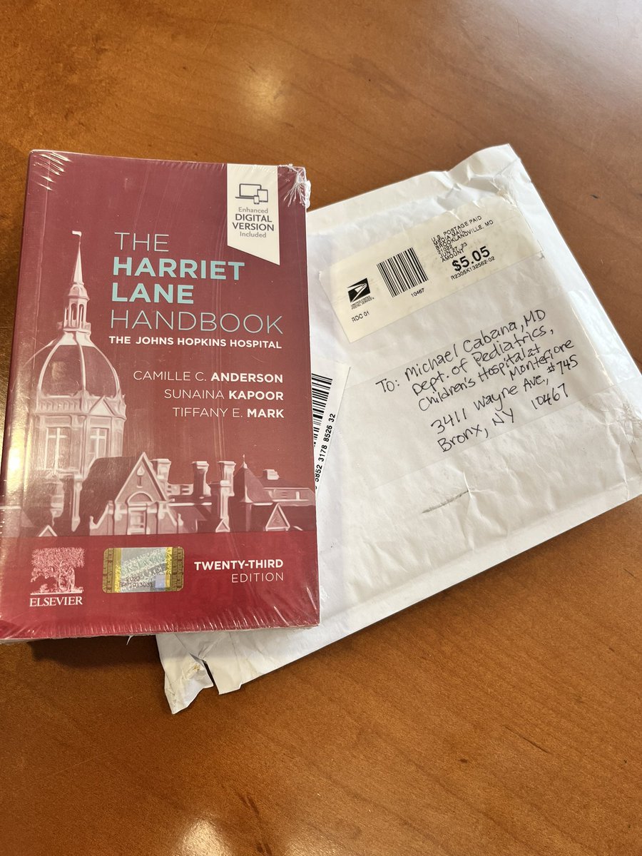 cabanam's tweet photo. Look what came in the mail! Thank you Dr Carlton Lee for a copy of the 23rd edition of the Harriet Lane Handbook! Congrats to all the @jhpedsresidency authors & editors! @MontefiorePeds @HopkinsKids @JNogMD @Dundalkpeds @bobdudas @DrDeclanInIdaho #Laner https://t.co/TsCvlAnz6B