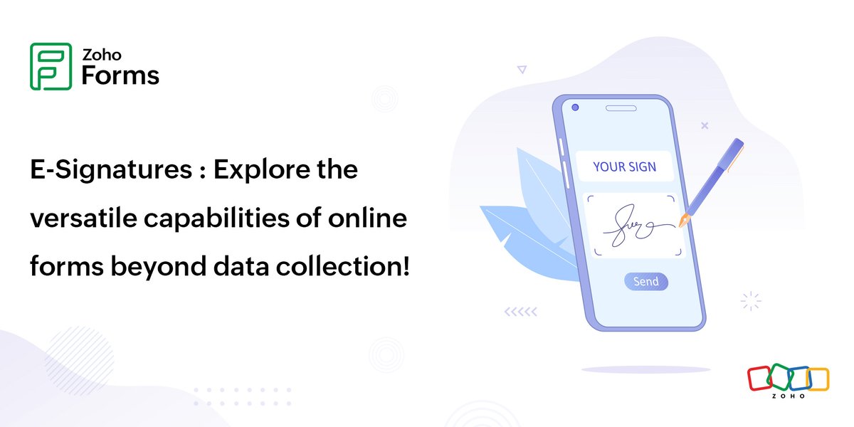 ZohoForms's tweet image. Part Three of our engaging blog series 'Beyond data collection' is here! Get ready to dive into the world of #e-signatures with #ZohoForms. 💼✍️

Discover how you can streamline your #documentsigning process and eliminate paper-based hassles. 

zurl.co/Tio3