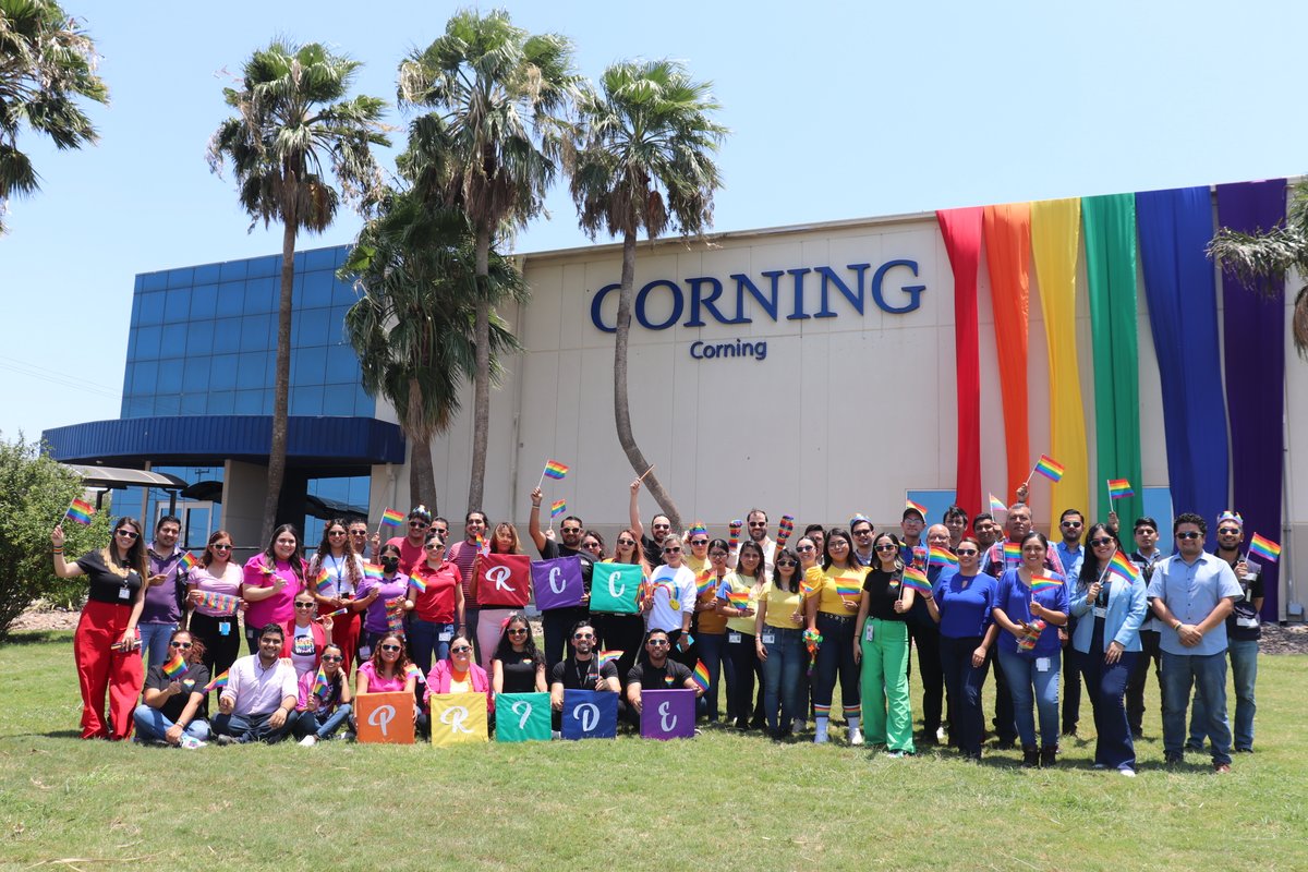 Corning's tweet photo. Corning is proud to celebrate #PrideMonth and support our LGBTQ+ colleagues every day of the year. Enjoy this picture of the team at our facility in Reynosa, Mexico, displaying the Pride colors. https://t.co/2RxZOR8xUk