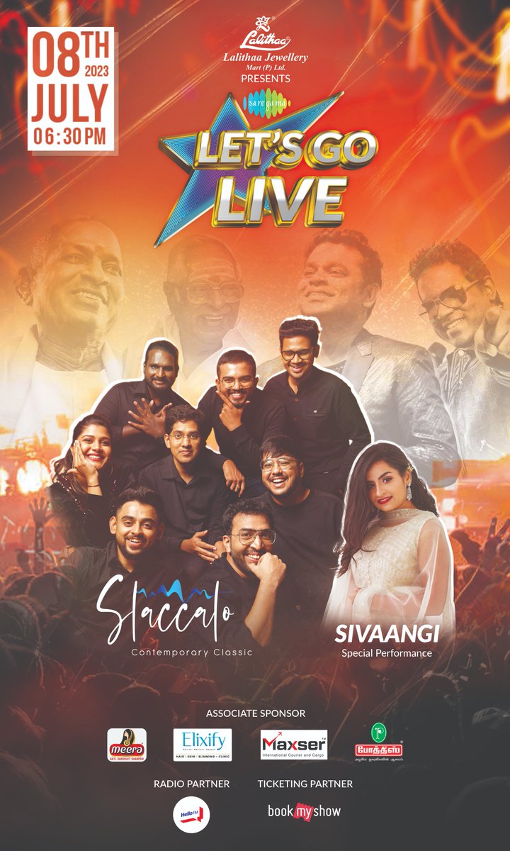#StaccatoLive & @sivaangi_k all set to set your soul on fire! 🔥    

#SaregamaLetsGoLive on 8th July from 6:30 PM    

Book your tickets now - in.bookmyshow.com/events/saregam…

@HelloFM1064 @lalithaajewels @bookmyshow
#LiveConcert #MusicConcert #TamilMusicConcert #LiveMusic #MusicVibes