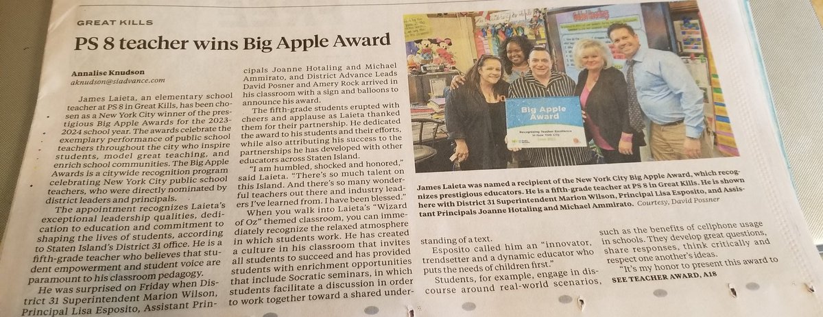 BIG APPLE AWARD ARTICLE IN TODAY'S STATEN ISLAND ADVANCE!
<a href="/DrMarionWilson/">Dr. Marion Wilson</a> <a href="/CChavezD31/">Christine Chavez</a> <a href="/CSD31SI/">CSD31StatenIsland</a> <a href="/bloomberg_paul/">Dr. Paul J Bloomberg</a> <a href="/david_possner/">DAVID POSSNER</a> <a href="/jtalmarode/">John Almarode</a> <a href="/JudyWilsonSINY/">Judy Wilson</a> #District31winner🍎🍎🍎