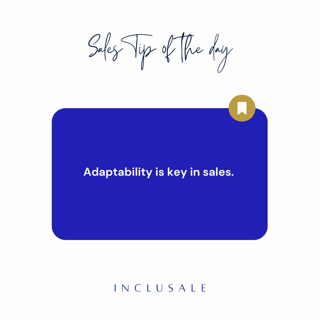 inclusale's tweet image. Sales professionals who stay agile and flexible are better equipped to thrive in a competitive market and achieve their goals. By embracing change and being open to new ideas, you can stay ahead of the curve and deliver exceptional results to your clients. #SalesTip #Inclusale