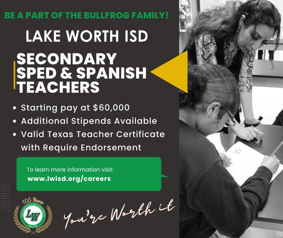 LakeWorthISD's tweet photo. Are you Special Education or Bilingual certified? Lake Worth High School and Lucyle Collins Middle School are looking for Special Education and Spanish teacher for the 2023-24 school year. Apply today at https://t.co/CUqJ0oRReq to be a part of the Bullfrog family! #WorthIt https://t.co/CkiMpK88Rs