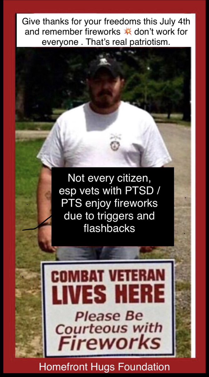 HomefrontHugs's tweet photo. Help this trend as fireworks begin π₯ ... enjoy them where planned but not in neighborhoods by vets and service animals who can be traumatized - please ! #July4th #fireworks #HomefrontHugsTips #FreedomEndures RT https://t.co/Y1kIzapLkN