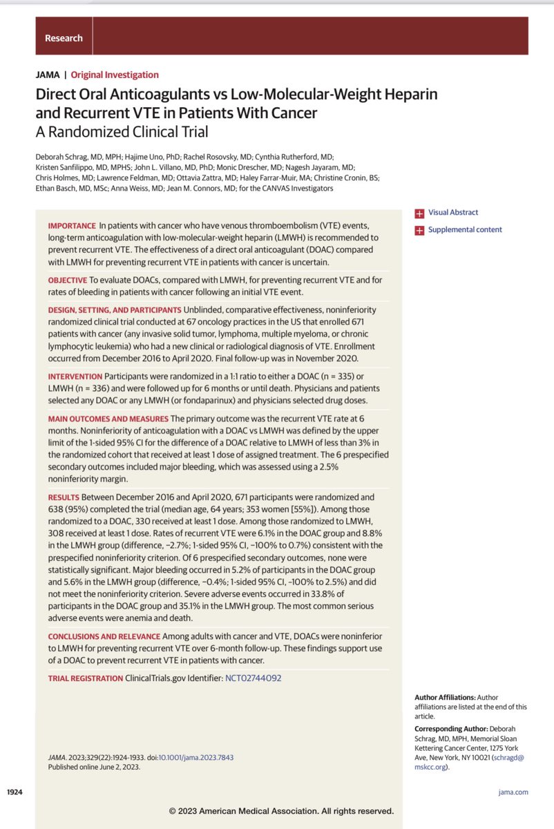 @JAMA_current In addition to COVID & critical care, #JAMAMostViewed for June includes 2 cancer-related “Direct Oral Anticoagulants vs Low-Molecular-Weight Heparin and Recurrent VTE in Patients With Cancer” RCT by Deborah Schrag, @connors_md & colleagues jamanetwork.com/journals/jama/…