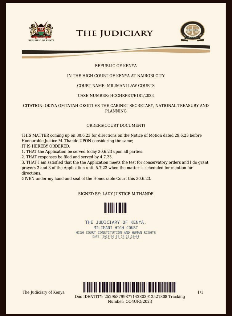 paulinenjoroge's tweet photo. High Court Judge Mugure Thande suspends implementation of the Finance Act pending hearing and determination of suit filed by Busia Senator Okiya Omtatah.

Via Standard https://t.co/83i5zuO4cD