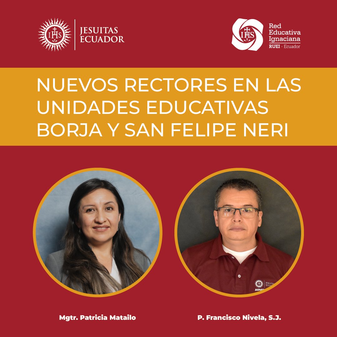 JesuitasEcuador's tweet photo. El P. Daniel de Ycaza, S.J. con apoyo de la @RueiEcuador ha decidido nombrar Rectora de la @UEPBorja a la Mgtr. Patricia Matailo y Rector de la @UESFN al P. Francisco Nivela, S.J.

Bendiciones abundantes para los rectores entrantes y salientes en las nuevas misiones encomendadas. https://t.co/w8RK11sCWZ