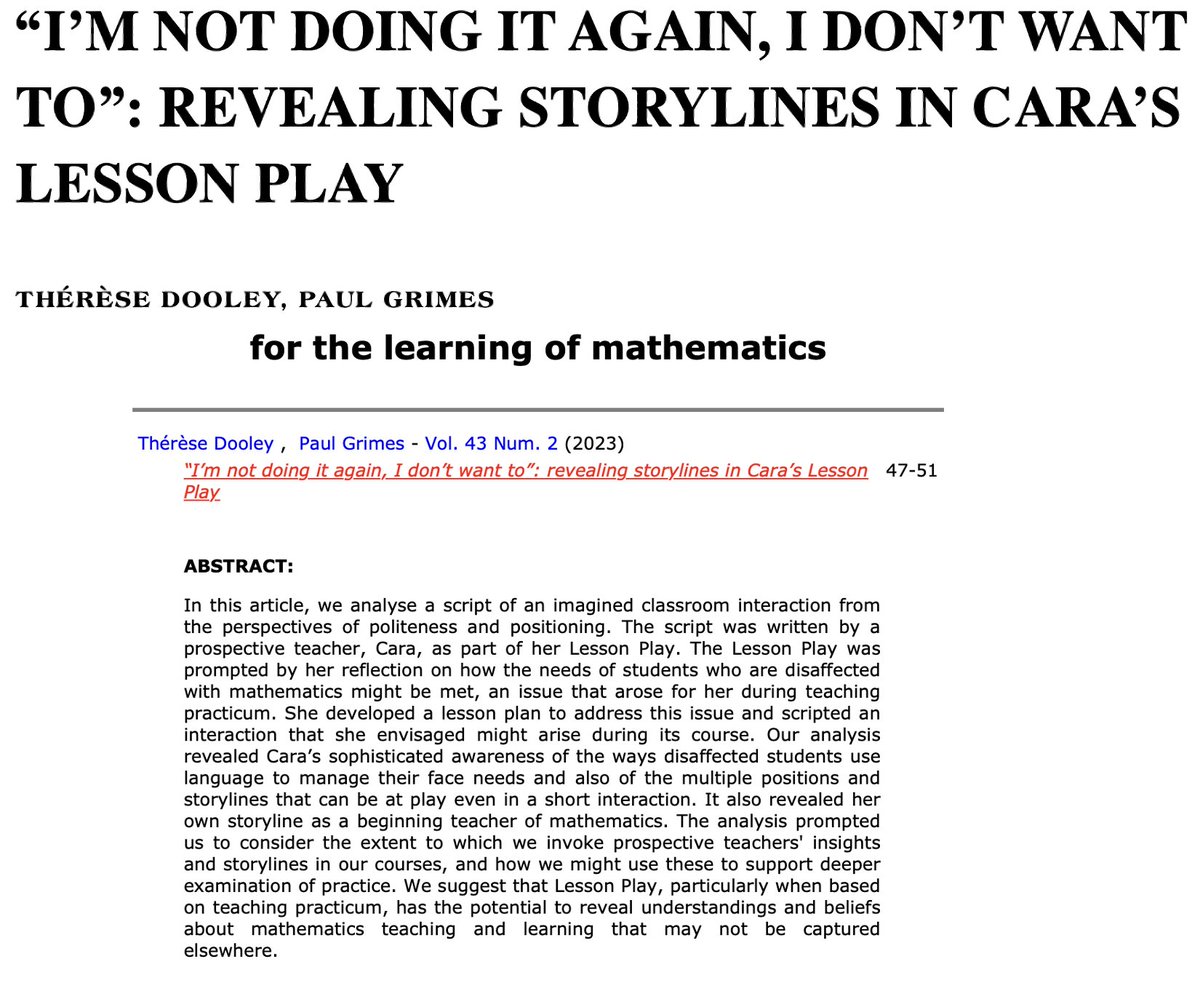 Therese Dooley and I spent some time looking at Lesson Play, analysing classroom interactions from the perspectives of politeness and positioning theory. We are delighted to have this work published in the latest issue of For the Learning of Mathematics. 
flm-journal.org/Articles/3DA61…