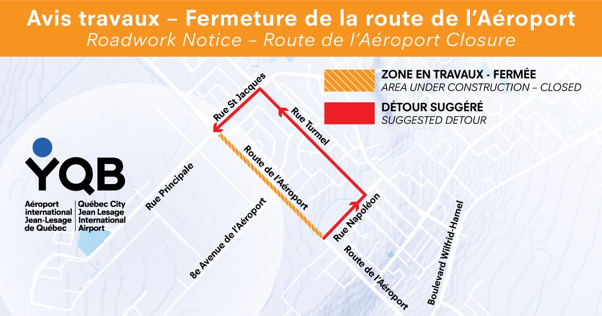 En raison de travaux qui seront effectués sur la route de l’Aéroport, des détours sont à prévoir pour accéder au site aéroportuaire entre 21 h 00 et 6 h 00 à compter du 4 juillet 2023. Prévoyez plus de temps pour vos déplacements👇 aeroportdequebec.com/fr/a-propos/no…