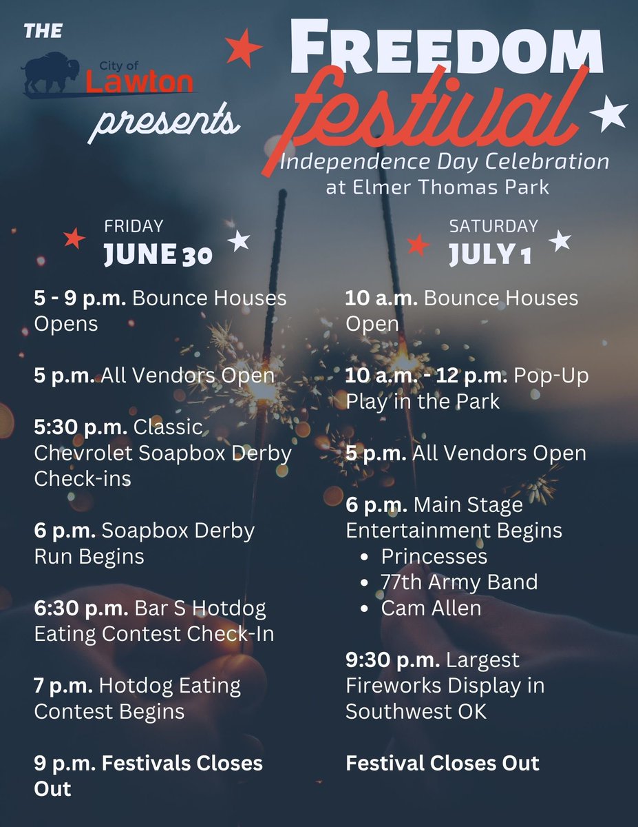 From this evening to tomorrow evening <a href="/CoL_Gov/">City of Lawton</a> is hosting the Freedom Festival in celebration of Independence Day! 

It will be at Elmer Thomas Park. Come out and celebrate America’s birthday everyone!