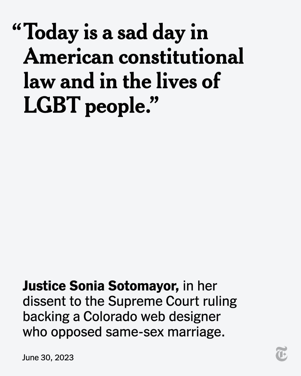 Justice Sonia Sotomayor said the Supreme Court’s decision on Friday siding with a web designer opposed to same-sex marriage was “profoundly wrong.” In a scathing dissent, Sotomayor said the ruling will “mark gays and lesbians for second-class status.” nyti.ms/3NAH092