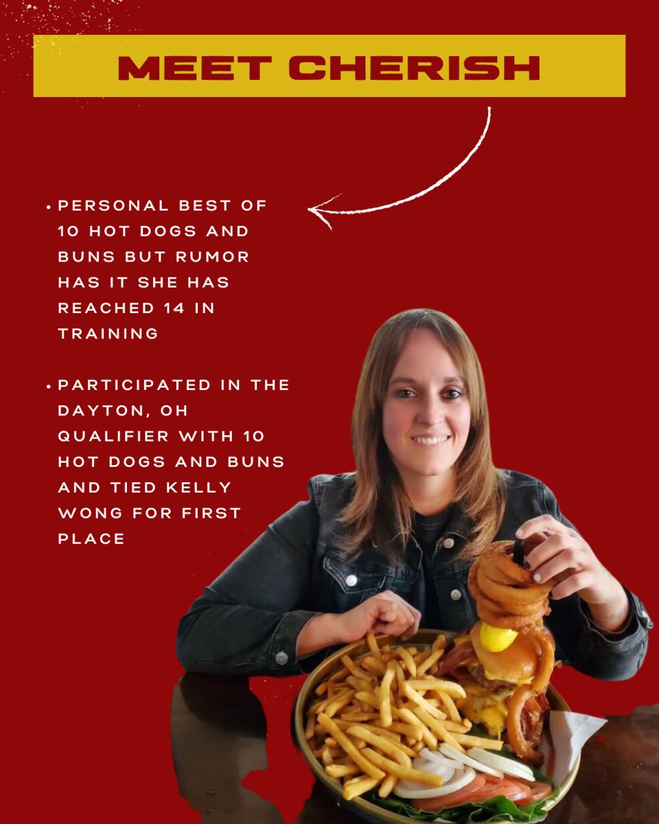 Major League Eating (@eatingcontest) on Twitter photo Introducing Cherish Brown who ate 10 hot dogs in the Dayton, OH qualifier securing her position as an official competitor in the 2023 Nathan's Famous Fourth of July Hot Dog Eating Contest
#roadtoconey #eatingcontest  #majorleagueeating #nathansfamous #hotdogeating  #julyfourth Introducing Cherish Brown who ate 10 hot dogs in the Dayton, OH qualifier securing her position as an official competitor in the 2023 Nathan's Famous Fourth of July Hot Dog Eating Contest
#roadtoconey #eatingcontest  #majorleagueeating #nathansfamous #hotdogeating  #julyfourth