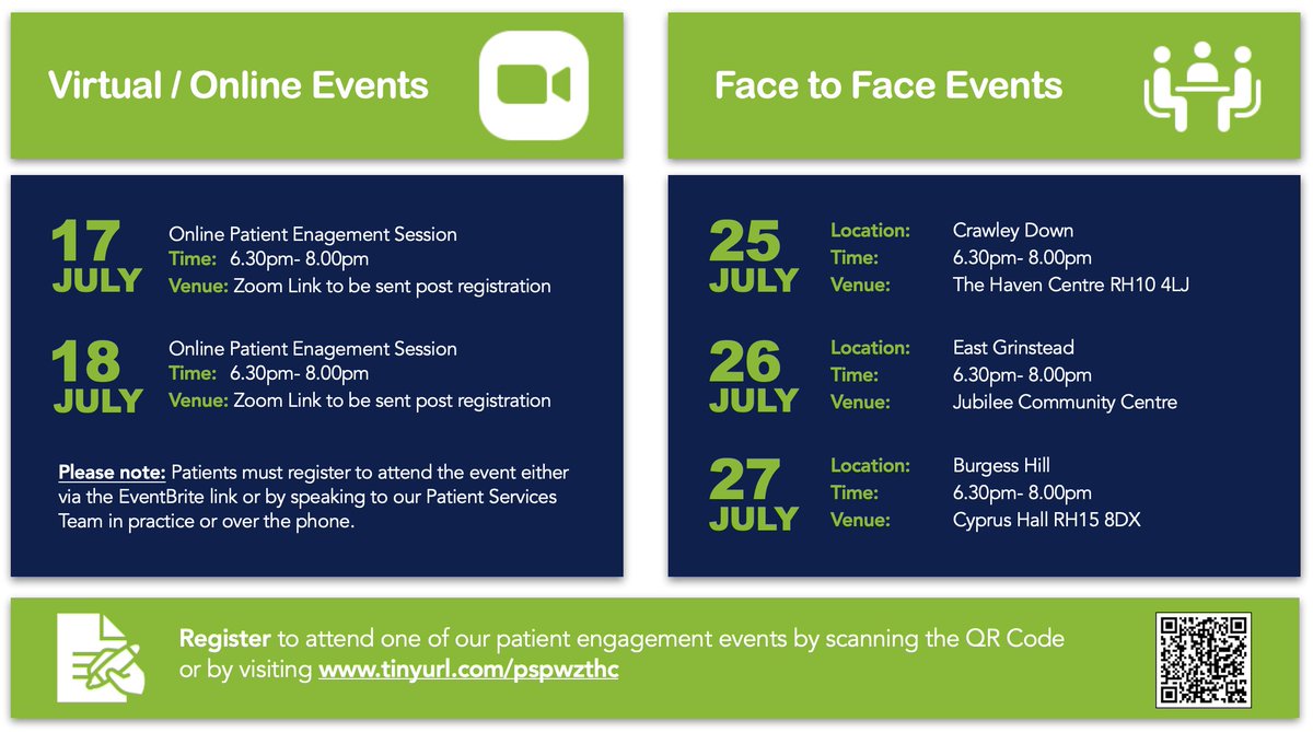 ModalityMidSuss's tweet image. Don't forget to register to attend one of our Patient Engagement Events in July 2023. Please note that the venue for East Grinstead has been confirmed as the Jubilee Community Centre. Visit tinyurl.com/pspwzthc or speak to a member of the team over the phone or in practice.