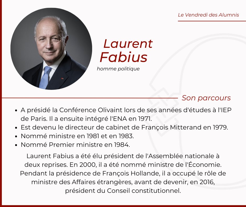 [LE VENDREDI DES ALUMNIS]

La Conférence Olivaint vous présente l’un de ses alumnis.

Découvrez Laurent Fabius : ministre, Premier ministre, président de l’Assemblée nationale, président du Conseil constitutionnel et ancien président de la Conférence Olivaint.👇