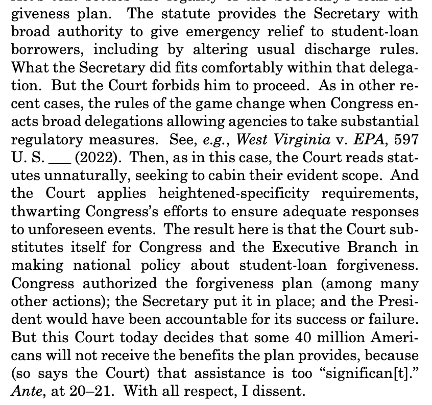 AdamHSays's tweet image. Kagan, in dissent on student loan case: "The result here is that the Court substitutes itself for Congress and the Executive Branch in making national policy about student-loan forgiveness." supremecourt.gov/opinions/22pdf…