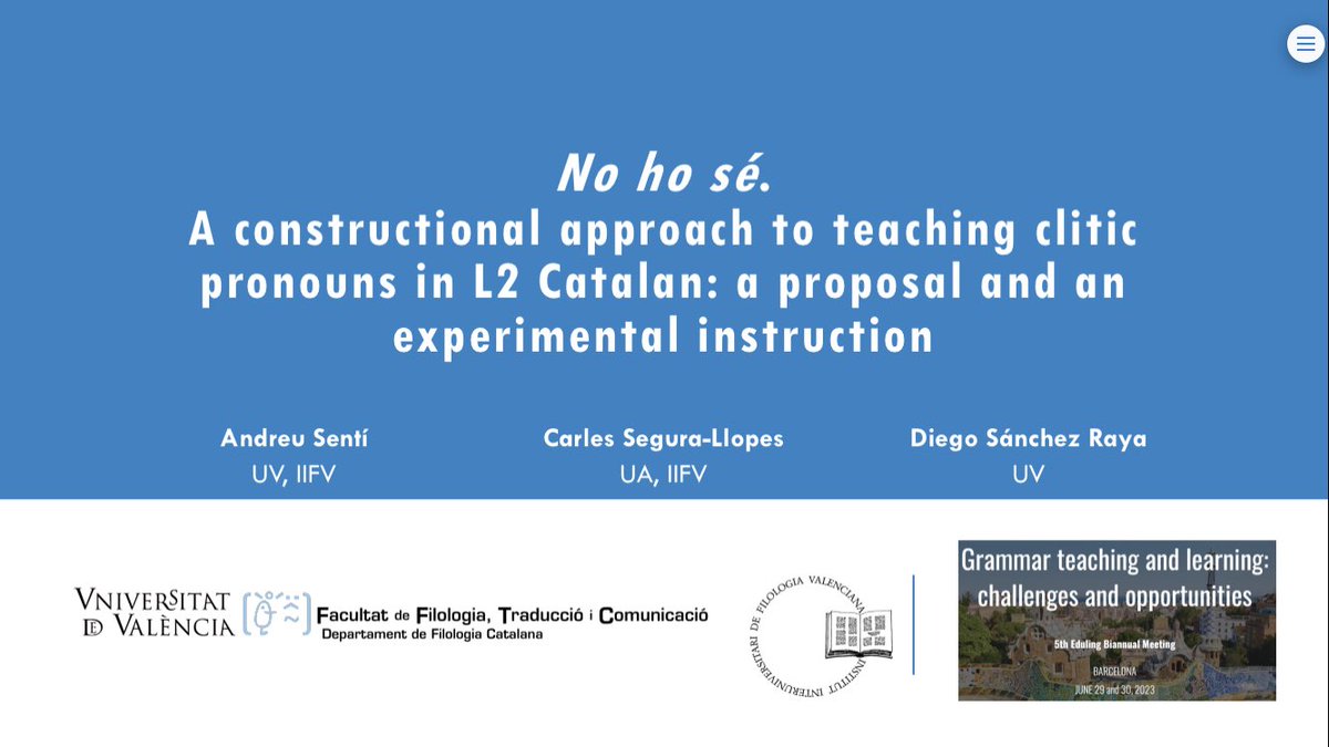 AndreuSenti's tweet photo. I avui ens tocava a nosaltres a #Eduling @UABBarcelona. ¿Com podem ensenyar a usar el pronom “ho”, “en” i altres aprofitant el marc de la Gramàtica de Construccions?
#EducacióSecundària
#ConstructionGrammar #TeachingLanguage
#catalàL2
Amb @carlessellop i @joparleval 👌🏻 https://t.co/g8dzm8dv5A