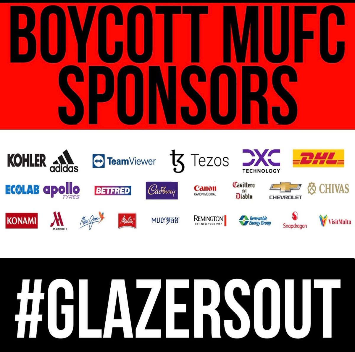 AntonyD73007315's tweet photo. @ManUtd @IsamichaelReal @GaryPallister @adidasfootball
@ManUtd
@TeamViewer
@Kohler
@DXCTechnology
@premierleague
@DCMS
@NYSE
BOYCOTT all #mufc sponsors & no matches @ OT until #GlazersOut
#GlazersFullSaleNOW
#GlazersBURNinHELL
#WallStreet
#BoycottAdidas #tezos
#BoycottMUFCKit
#GlazersAreScumBags https://t.co/PO95lMmL1i
