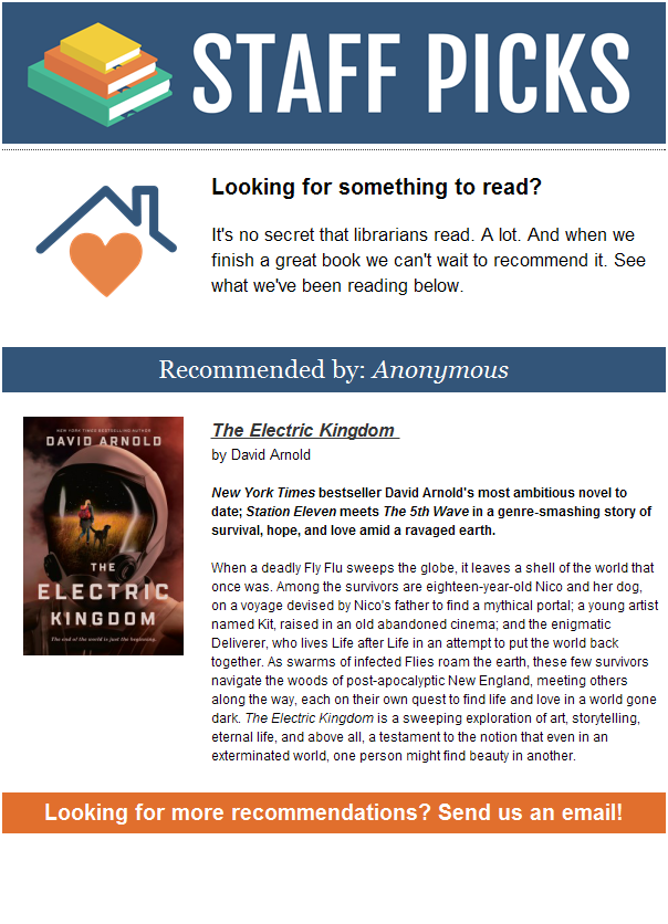 This week’s Staff Pick is the Dystopian Science Fiction book “Electric Kingdom” by David Arnold. #staffpick #staffreads #dystopian #sciencefiction #postapocalyptic #fridayreads #electrickingdom  libraryaware.com/2T43FE