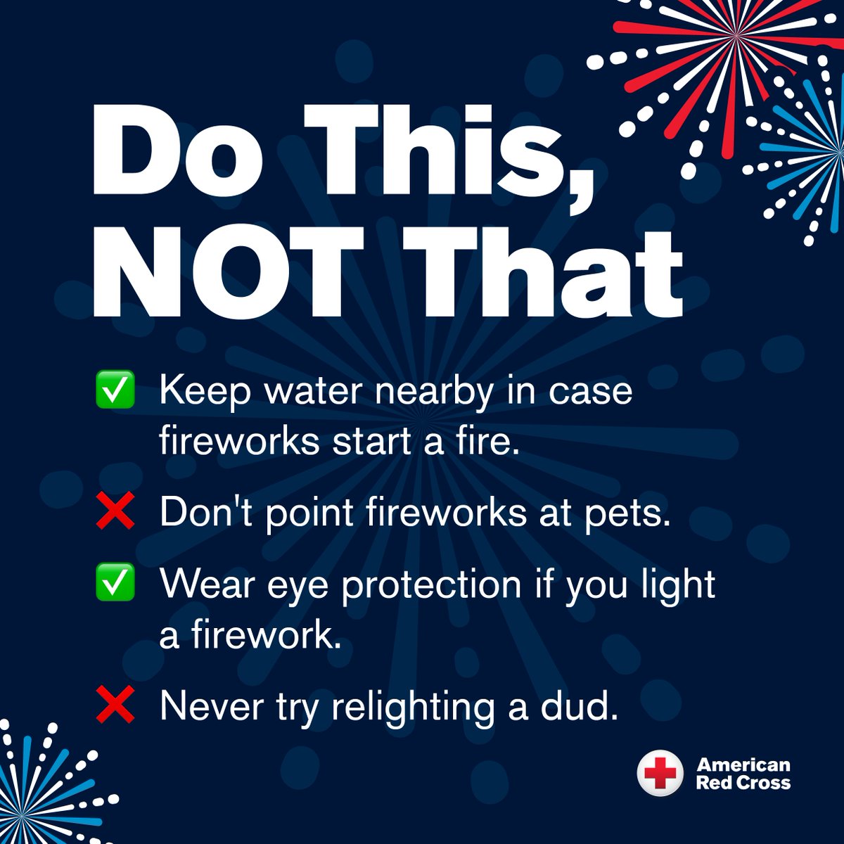 The safest way to enjoy fireworks is to attend a public firework show put on by professionals. Before the holiday weekend, consider these firework safety tips and more from the American Red Cross: rdcrss.org/3w5cObw

#FireworkSafety