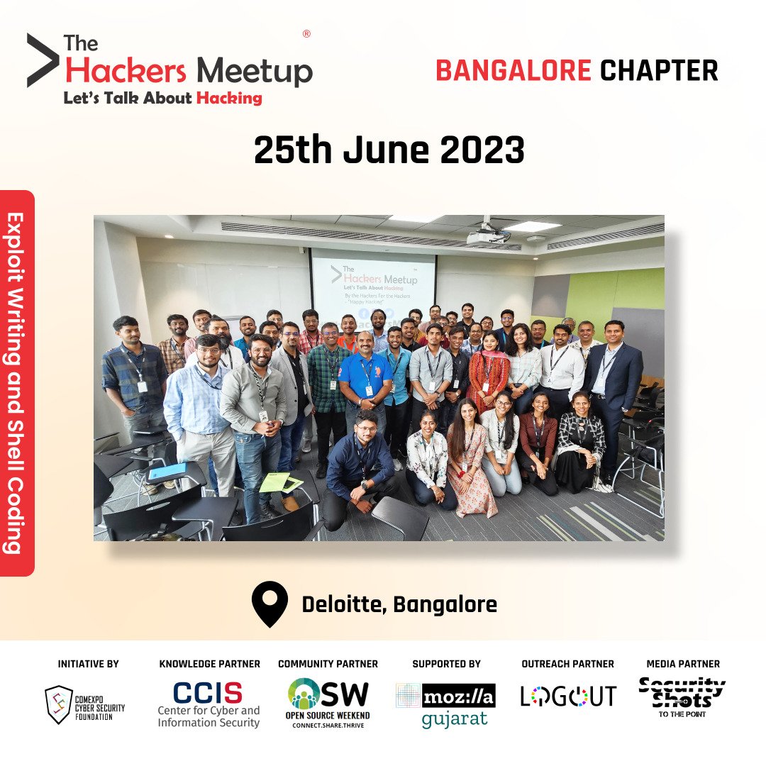 Hackers_Meetup's tweet image. Successfully completed The Hackers Meetup Bangalore June event with 80+ Participants a huge shout out to thm.bangalore
#TheHackersMeetup #ExploitWriting #ShellCoding #ApplicationSecurity #Pentesting #WAPT #MAPT #VAPT #BugBounty #KeepHacking #CyberAct #EthicalHacking