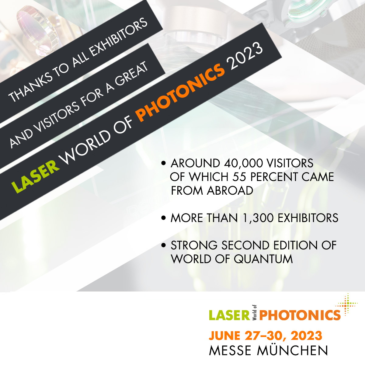 PHOTONICSWORLD's tweet photo. #LASERWorldOfPHOTONICS 2023 shines bright:
A record-breaking success celebrating 50 years of innovation in #photonics β along with the second edition of #WorldOfQUANTUM, which saw excellent visitor numbers and top survey marks
https://t.co/AdUvJbBACF https://t.co/ASsr1UsaJr