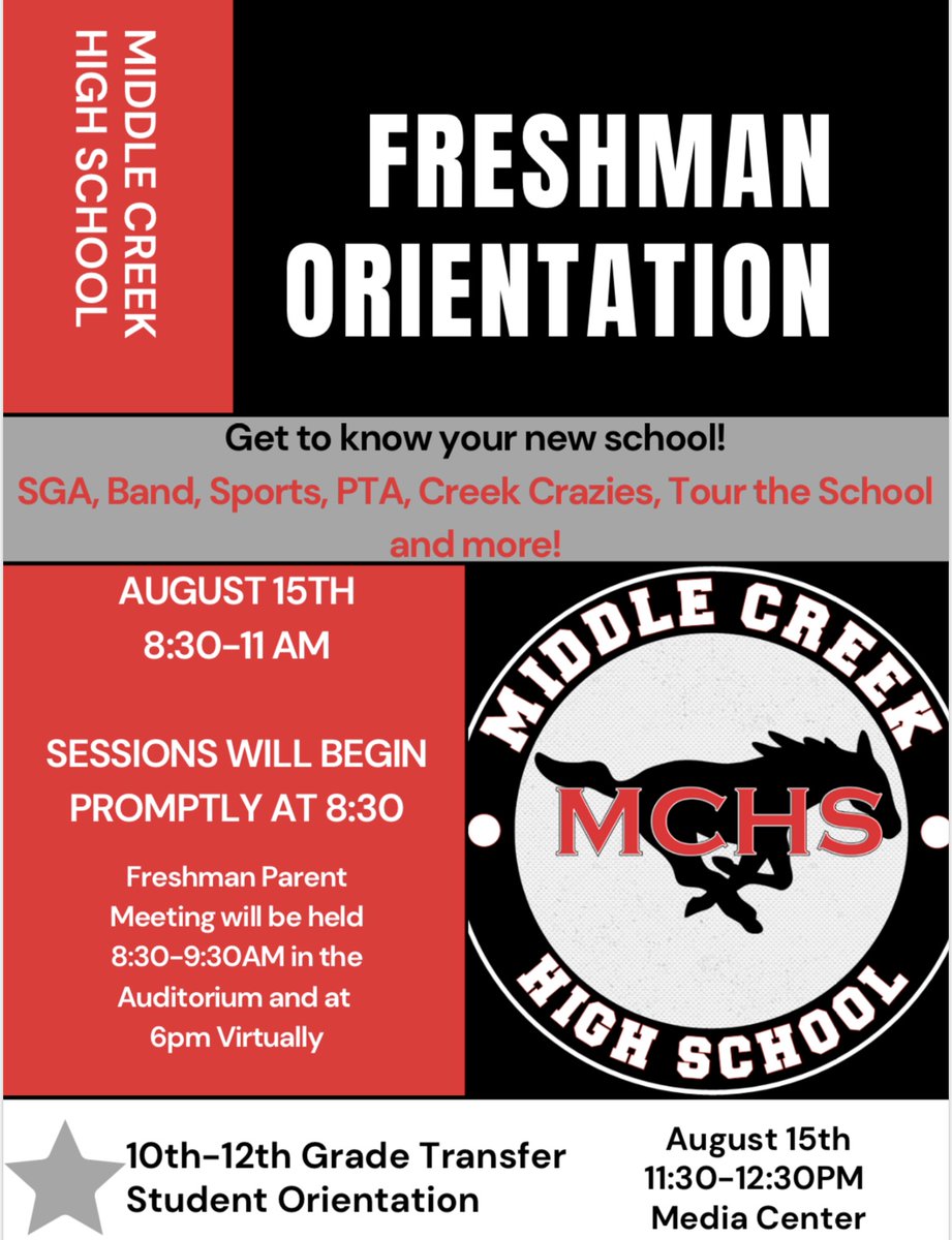 mchsmustangs's tweet image. 🚨‼️ Freshman and New Student Orientation details below! We can't wait to meet you‼️🚨
