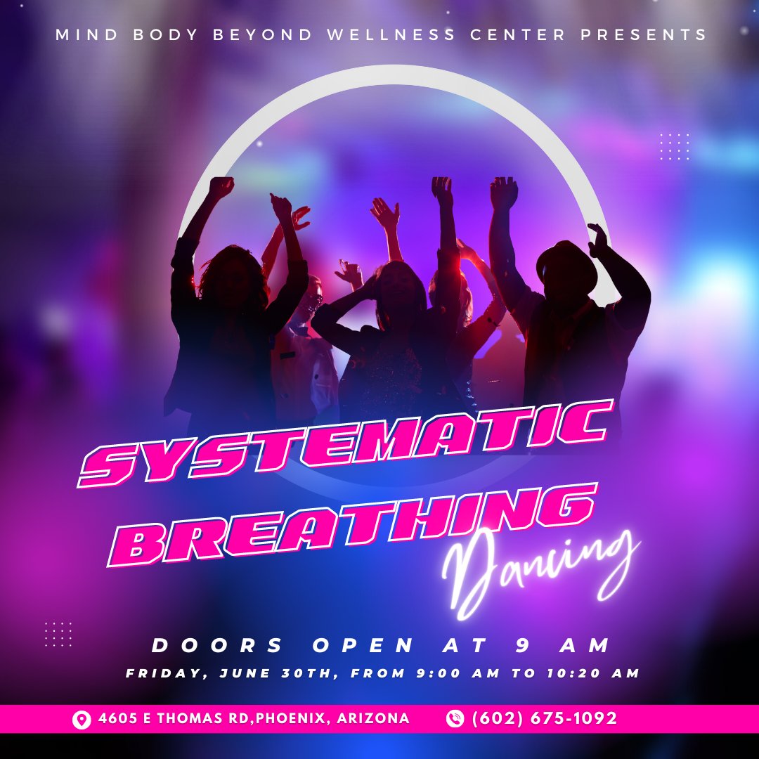 MindBodyBeyond1's tweet photo. Join us Fri, June 30, 9:00 am for a transformative session of #Systematic #Breathing and #Dancing at our wellness center. Explore the power of breath and movement to enhance vitality and inner harmony. No #dance experience required. Limited spots available. 

#Wellness #SelfCare https://t.co/6BLF8PBFrS