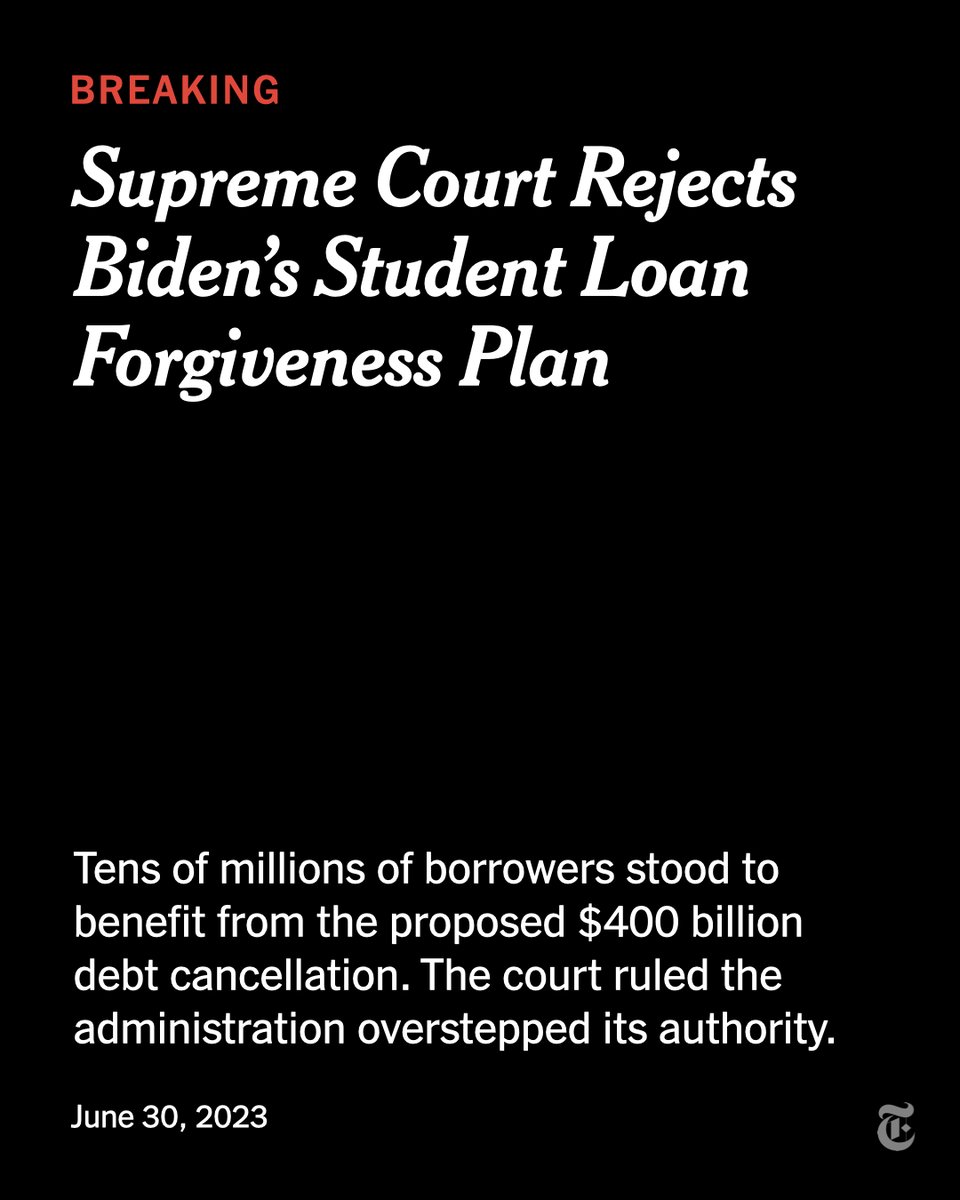 Breaking News: The Supreme Court struck down the Biden administration’s student loan forgiveness plan on Friday, a resounding setback for tens of millions of borrowers. The ruling also imposes new restrictions on presidential power. Follow live updates. nyti.ms/3NRQHRY
