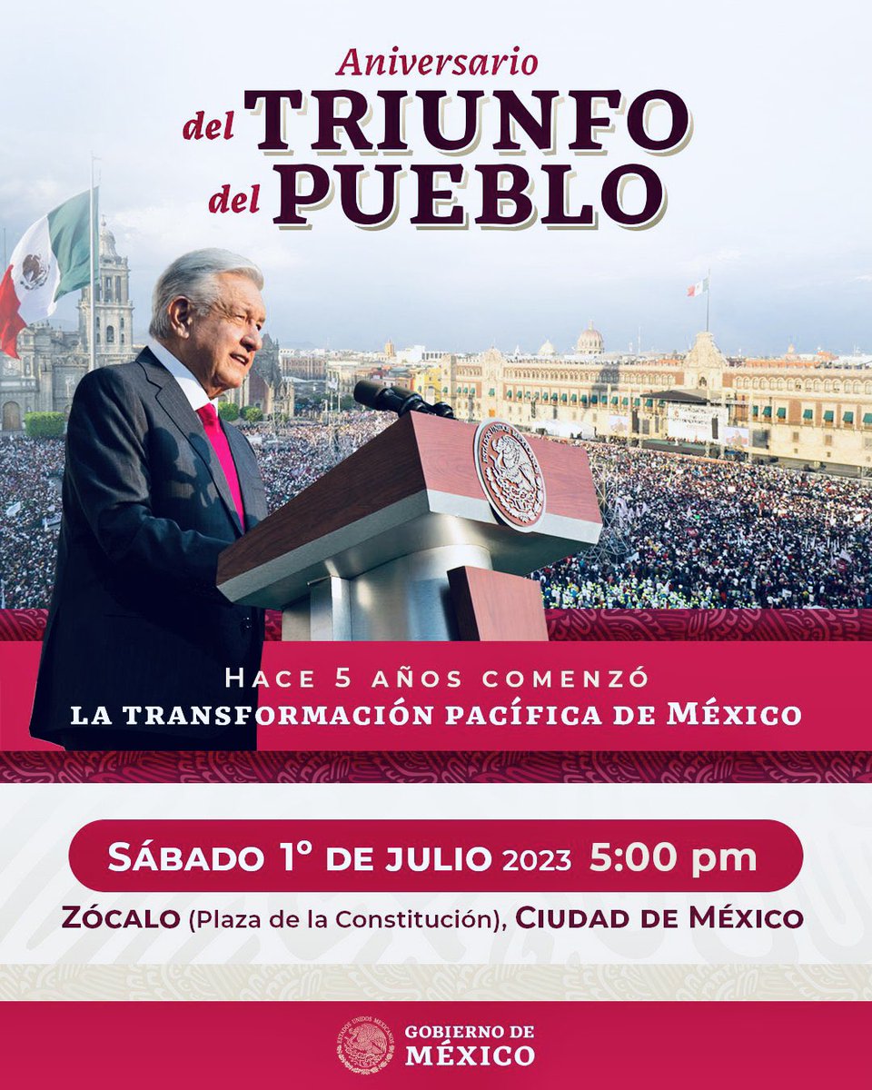 Obed_Olivares's tweet image. 📣 Este Sábado 1ero de Julio en el Zócalo de la Ciudad de México a las 5:00 PM; conmemoraremos el #QuintoAniversario del triunfo de AMLO y el inicio de la Cuarta Transformación, pacífica y democrática, de México.
¡Ahí nos vemos! #QuintoAniversario