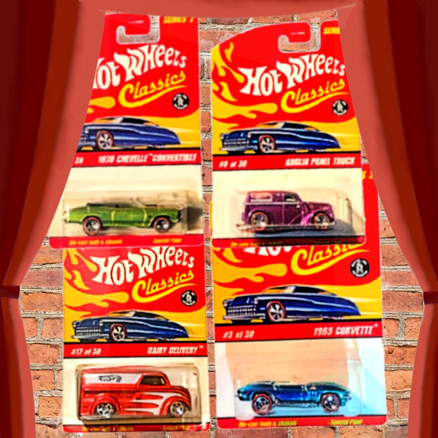 Check out the 2005 Hot Wheels Classics Series 2 Redline '70 Chevelle, '65 Vette, Panel Truck, and Dairy Delivery at collectiblesandmoreinstore.com/product-catego… #hotwheels #redline #diecastcars #toycars #chevelle #corvette #paneltruck #dairydelivery #collectibles #forsale #collectiblesandmoreinstore